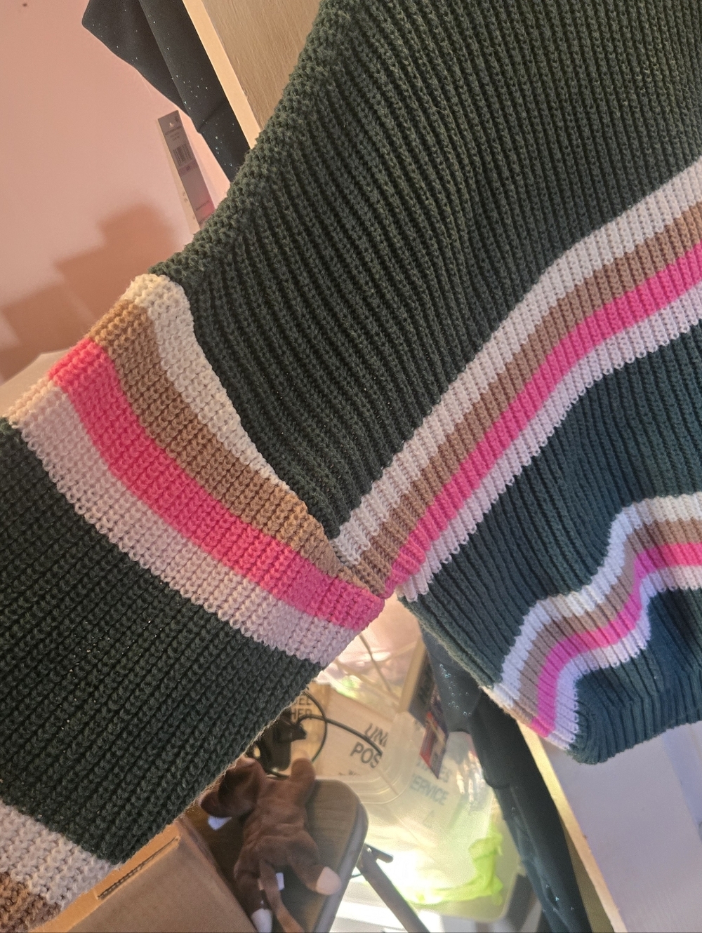SO Dark Green Ribbed Crew Sweater with Pink, Cream & Tan Stripes - Picture 2 of 3